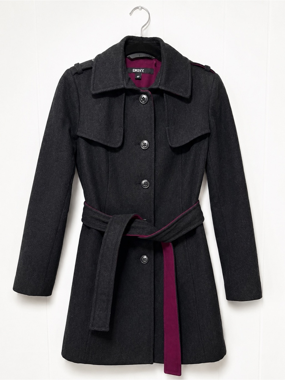 DKNY Women's Black Wool Blend Belted Coat with Plum Lining 4P